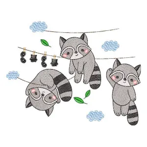 Matriz de bordado Guaxinins no Varal (Pontos Leves) Matriz de bordado Guaxinins no Varal (Pontos Leves)