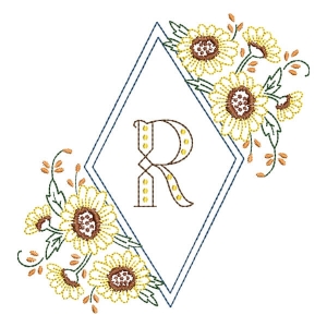 Matriz de bordado Monograma Moldura Floral Letra R