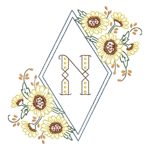 Matriz de bordado Monograma Moldura Floral Letra N
