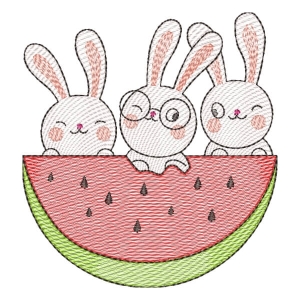 Bunnies with Watermelon (Quick Stitch) Embroidery Design