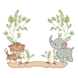 Matriz de bordado Tigre e Elefante com Moldura (Pontos Leves)