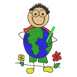 Kid and Earth Planet Embroidery Design