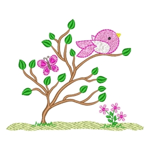 Bird and Butterfly in the Garden Embroidery Design