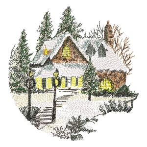 House in Winter (Realistic) Embroidery Design