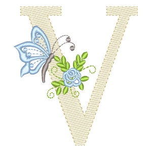 Matriz de bordado Monogram com Floral e Borboleta Letra V