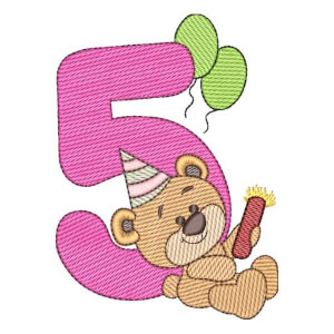 Bear with Number 5 Embroidery Design