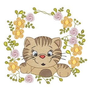 Matriz de bordado Tigresa Feliz em Moldura Floral (Pontos Leves)