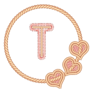 Letter T in Frame with Hearts Embroidery Design