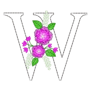 Letter W Contour and Flower Embroidery Design