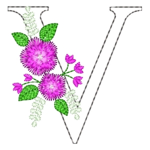 Letter V Contour and Flower Embroidery Design