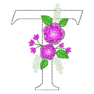 Letter T Contour and Flower Embroidery Design