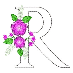 Matriz de bordado Letra R em Contorno e Floral