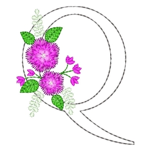 Matriz de bordado Letra Q em Contorno e Floral