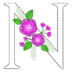 Letter N Contour and Flower Embroidery Design
