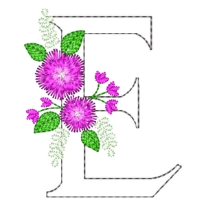 Letter E Contour and Flower Embroidery Design
