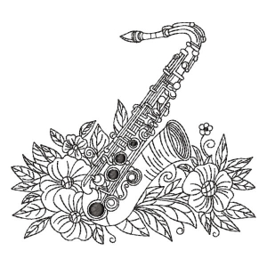 Matriz de bordado Saxofone com Flores em Contorno
