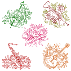 Pacote de Matrizes Instrumentos Musicais com Flores em Contorno