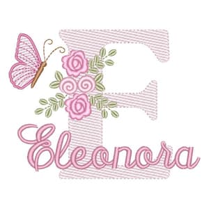 Letra E com Flores Borboleta e Nome (Pontos Leves)