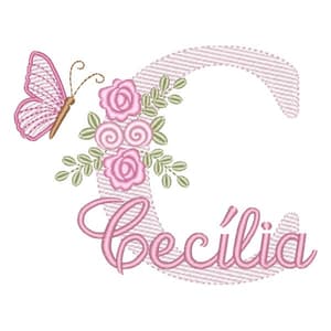Letra C com Flores Borboleta e Nome (Pontos Leves)