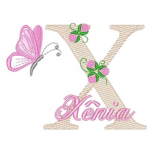 Matriz de bordado Monograma de Flores e Borboleta com Nome Letra X (Pontos Leves)