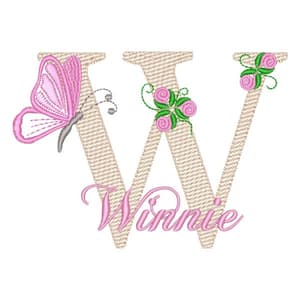 Matriz de bordado Monograma de Flores e Borboleta com Nome Letra W (Pontos Leves)
