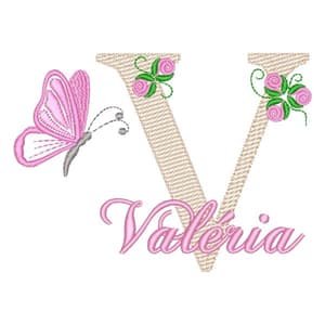 Matriz de bordado Monograma de Flores e Borboleta com Nome Letra V (Pontos Leves)