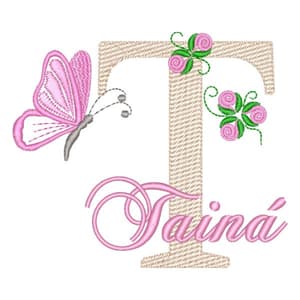 Matriz de bordado Monograma de Flores e Borboleta com Nome Letra T (Pontos Leves)