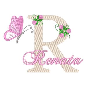 Matriz de bordado Monograma de Flores e Borboleta com Nome Letra R (Pontos Leves)