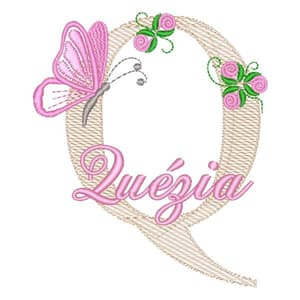Matriz de bordado Monograma de Flores e Borboleta com Nome Letra Q (Pontos Leves)