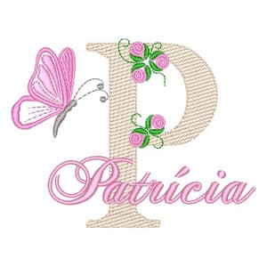 Matriz de bordado Monograma de Flores e Borboleta com Nome Letra P  (Pontos Leves)