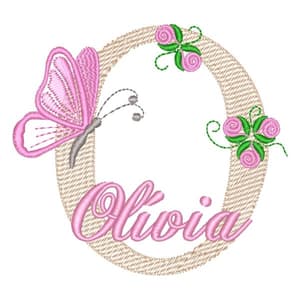 Matriz de bordado Monograma de Flores e Borboleta com Nome Letra O (Pontos Leves)