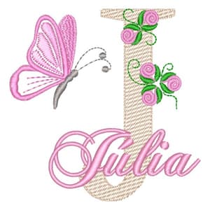 Matriz de bordado Monograma de Flores e Borboleta com Nome Letra J (Pontos Leves)