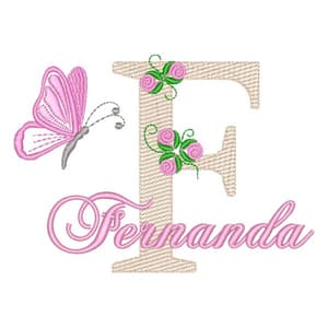 Matriz de bordado Monograma de Flores e Borboleta com Nome Letra F (Pontos Leves)