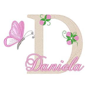 Matriz de bordado Monograma de Flores e Borboleta com Nome Letra D (Pontos Leves)
