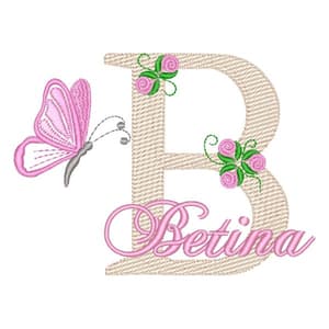 Matriz de bordado Monograma de Flores e Borboleta com Nome Letra B (Pontos Leves)