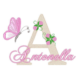Matriz de bordado Monograma de Flores e Borboleta com Nome Letra A (Pontos Leves)