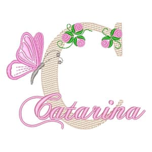 Matriz de bordado Monograma de Flores e Borboleta com Nome Letra C (Pontos Leves)