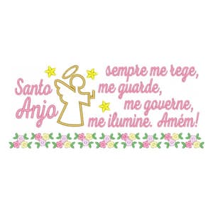 Matriz de bordado Oração Frase Santo Anjo da Guarda Floral