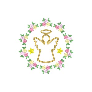 Matriz de bordado Anjo da Guarda em contorno e moldura floral