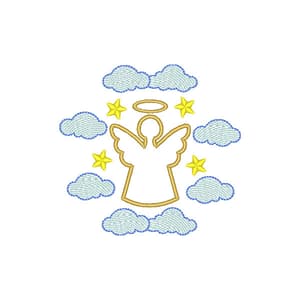 Matriz de bordado Anjo da guarda contorno Moldura Estrelas e Nuvens