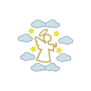 Matriz de bordado Anjo da guarda contorno Moldura Estrelas e Nuvens