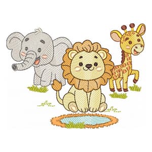 Matriz de bordado Leão, Elefante e Girafa na Savana