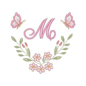 Matriz de bordado Moldura Floral com Borboletas e Inicial (Pontos Leves)