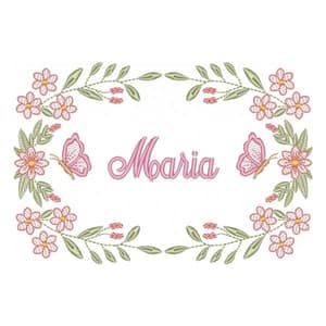 Matriz de bordado Moldura Floral com Borboletas e Nome (Pontos Leves)