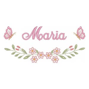 Matriz de bordado Ramo Floral com Borboletas e Nome (Pontos Leves)