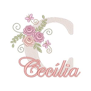 Letra C com Floral de Rosas e Borboletas (Pontos Leves)