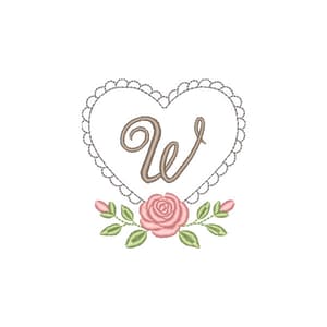 Letra W Alfabeto Moldura de Coração com Rosa