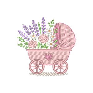 Carrinho de Bebê com Flores e Lavanda (Pontos Leves)