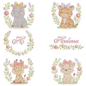  Animais do Safari com Moldura Floral (Pontos Leves)