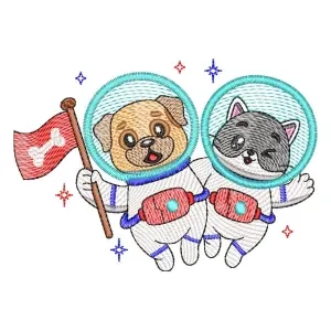 Matriz de bordado Cachorro e Gato Astronautas (Aplique e Pontos Leves)